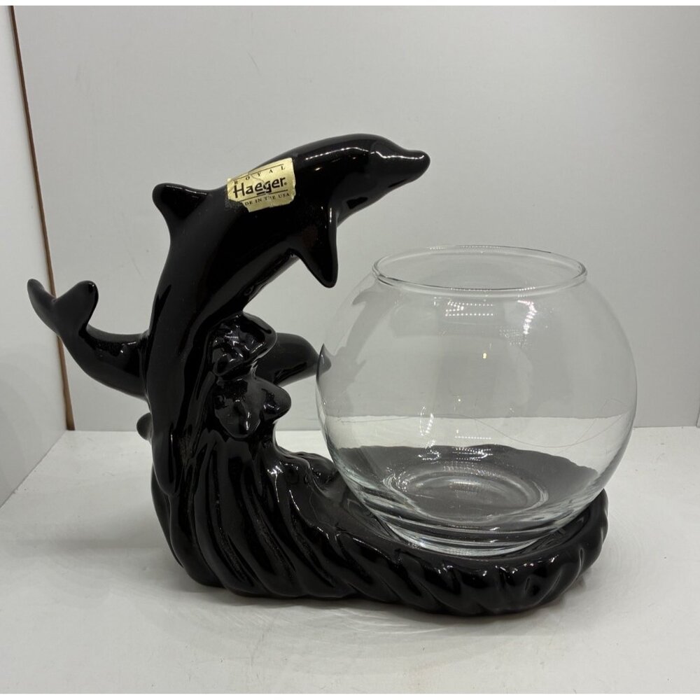 Vintage Haeger Black Ceramic Dolphin Candle Holder Glass Bowl Nautical Decor